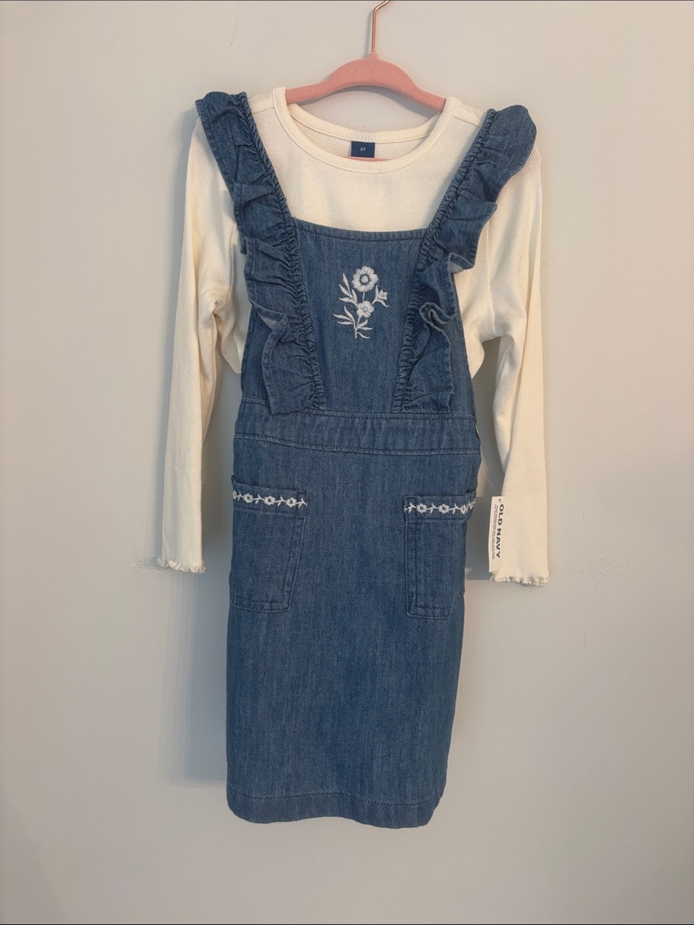 Old Navy Cream Ribbed Top with Blue Denim Pinafore Dress